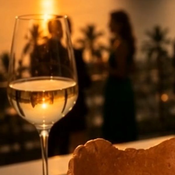 Taça de vinho e vela ao pôr do sol